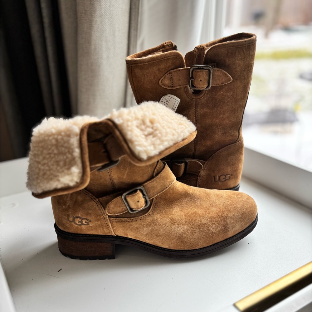 UGG Tan Shearling Buckle Boots